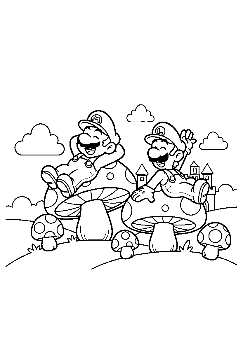 mario luigi resting happily in the mushroom kingdom line art