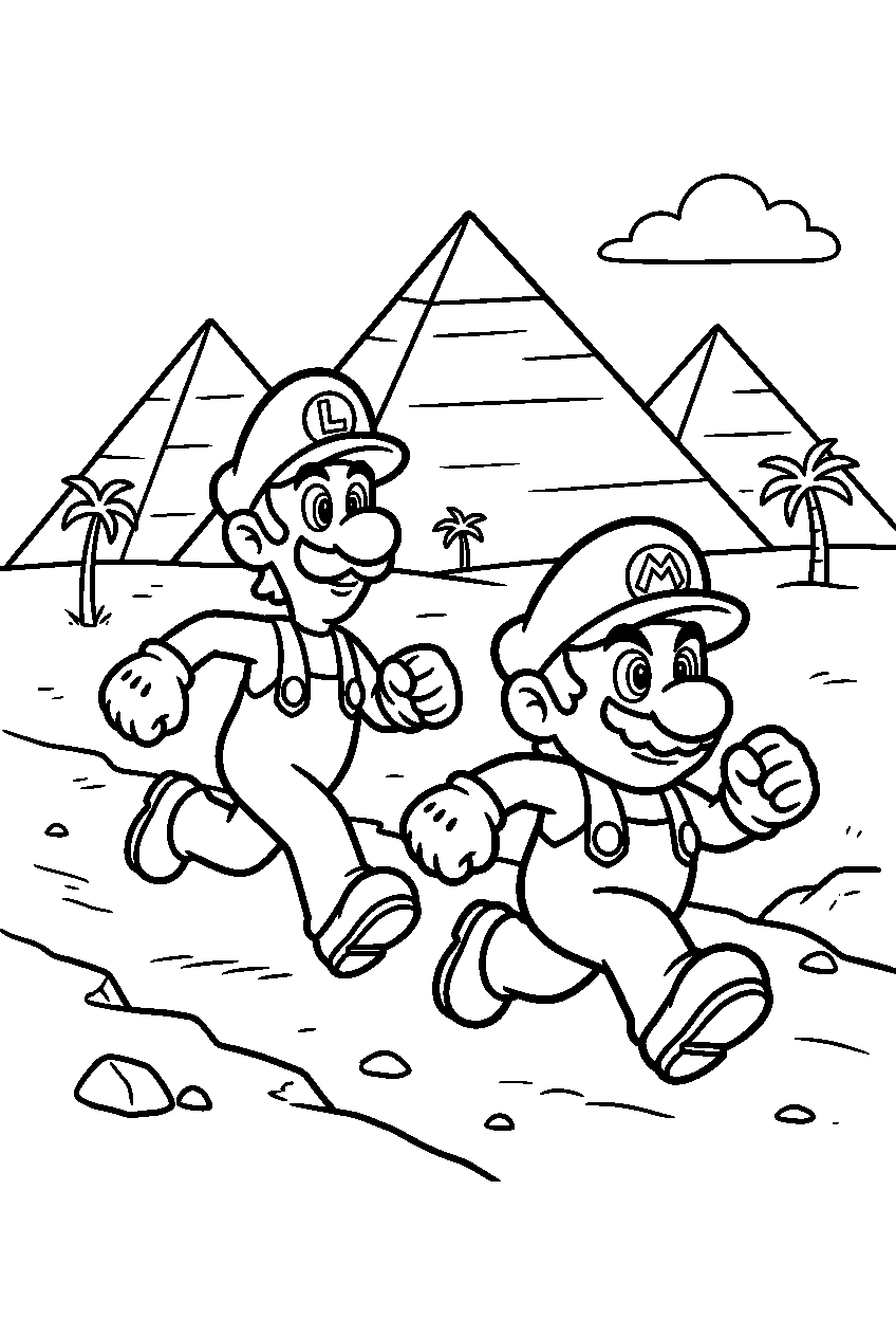 mario luigi running in pyramid area line art