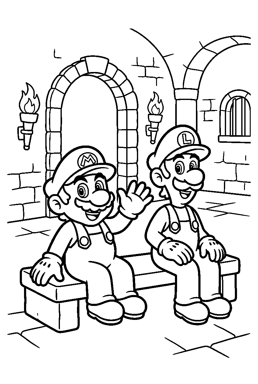 mario luigi sitting in koopa castle line art