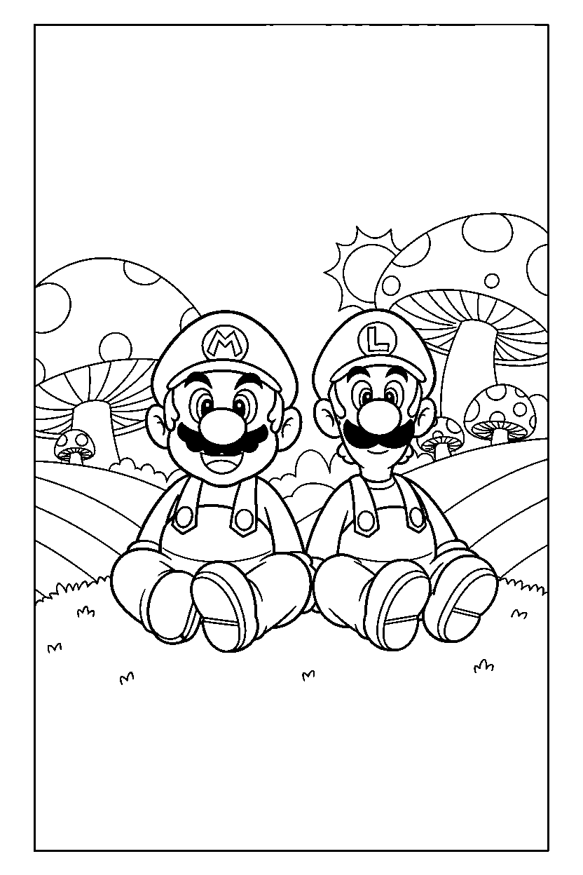mario luigi sitting peacefully in a colorful world line art