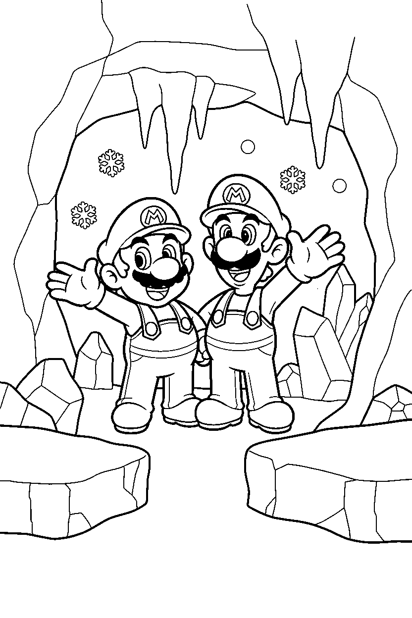 mario luigi smiling in icy cave line art