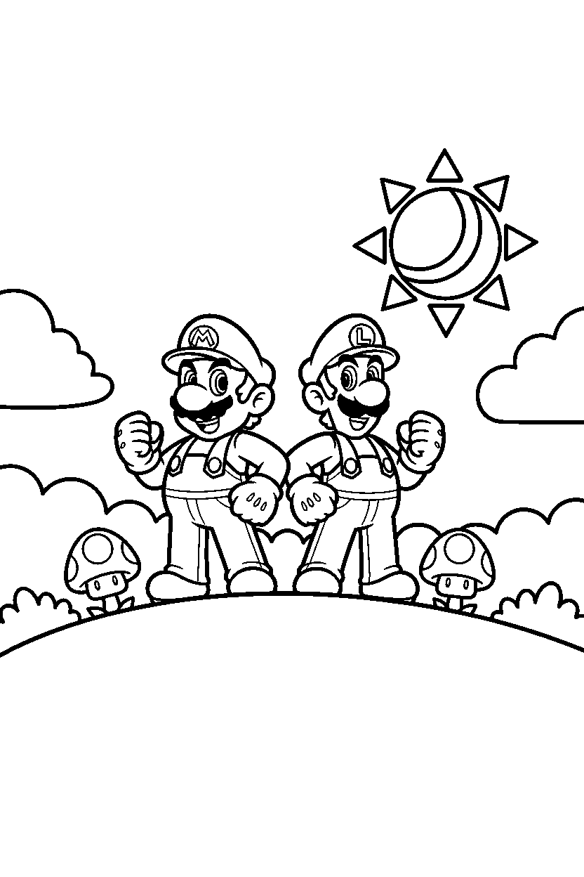 mario luigi standing bravely on a sunny hill line art