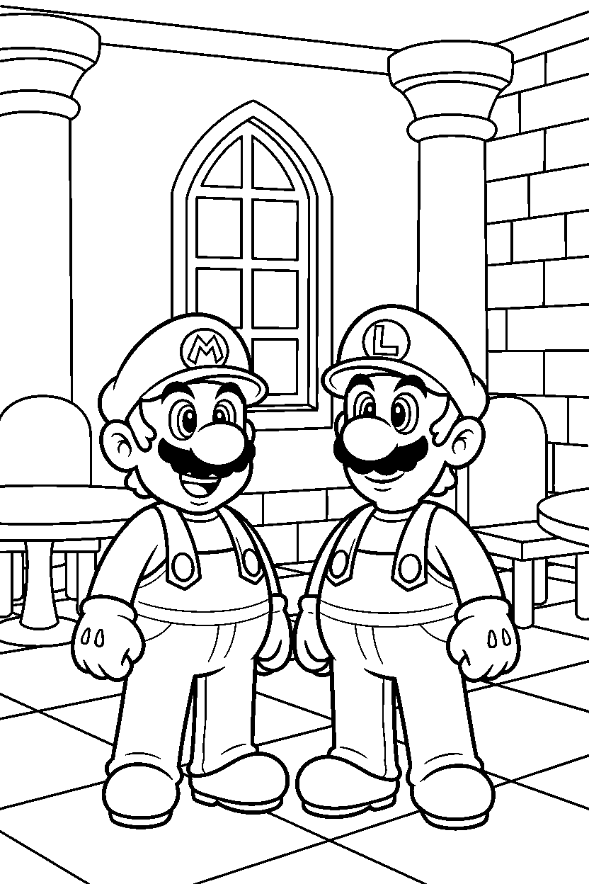 mario luigi standing calmly in castle room line art