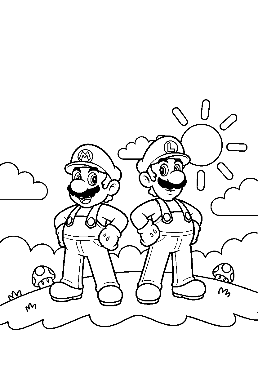 mario luigi standing confidently on hill line art