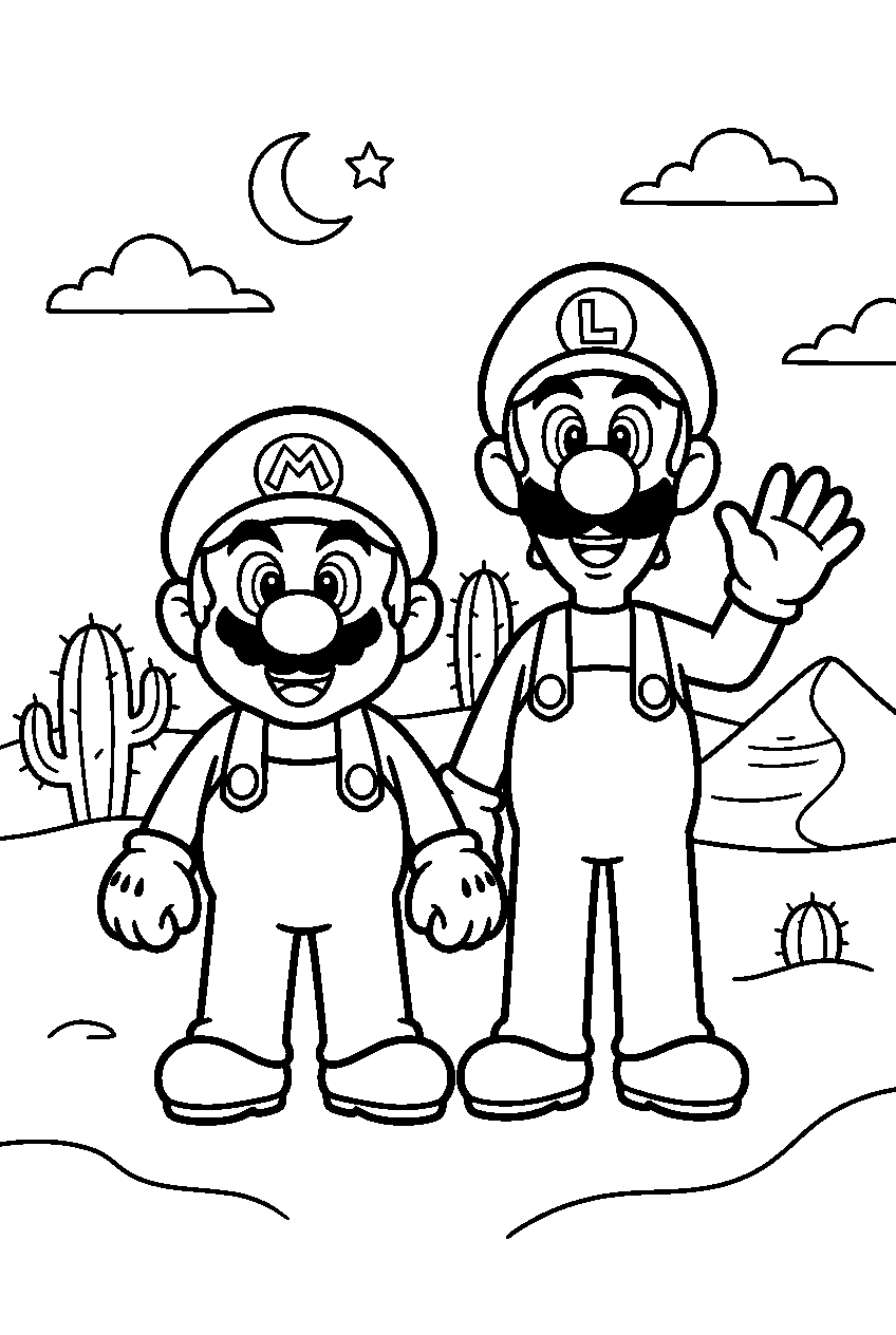 mario luigi standing in desert kingdom line art