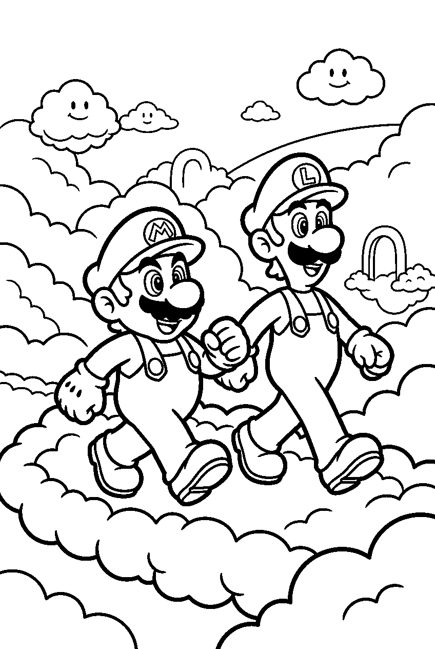 mario luigi walking in cloud kingdom line art