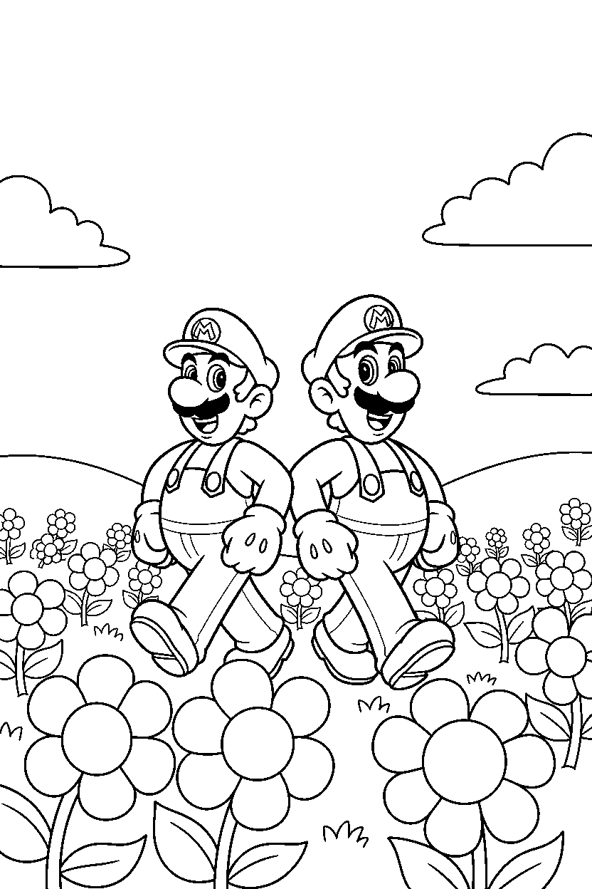 mario luigi walking proudly in a flower field line art
