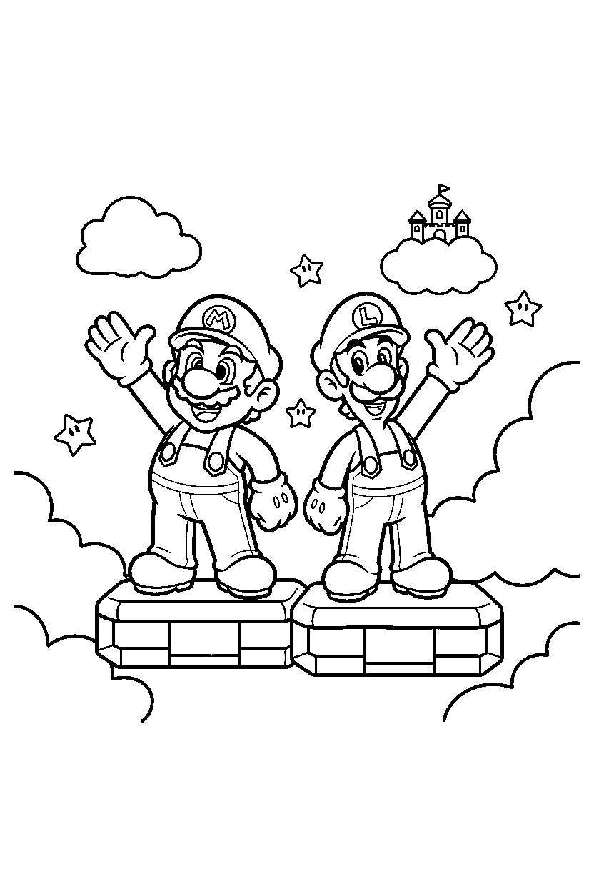 mario luigi waving happily in a sky level line art