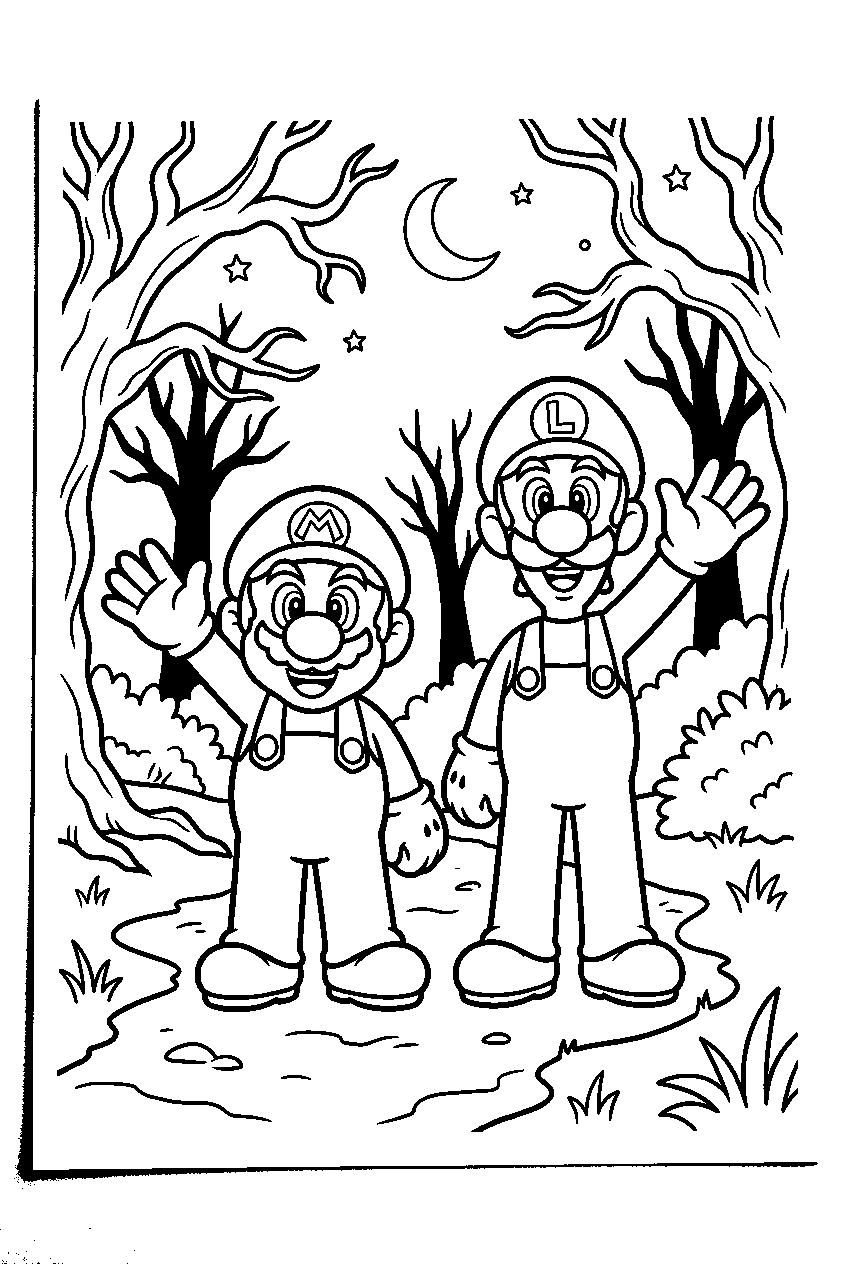 mario luigi waving in spooky forest line art
