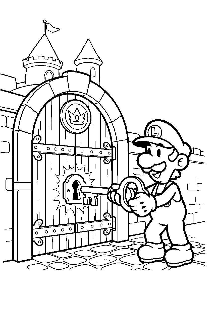 paper luigi unlocking peach s castle gate with an oversized key line art