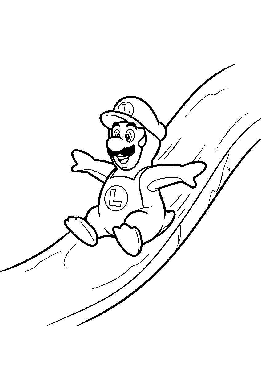penguin luigi sliding on his belly down an icy slope line art