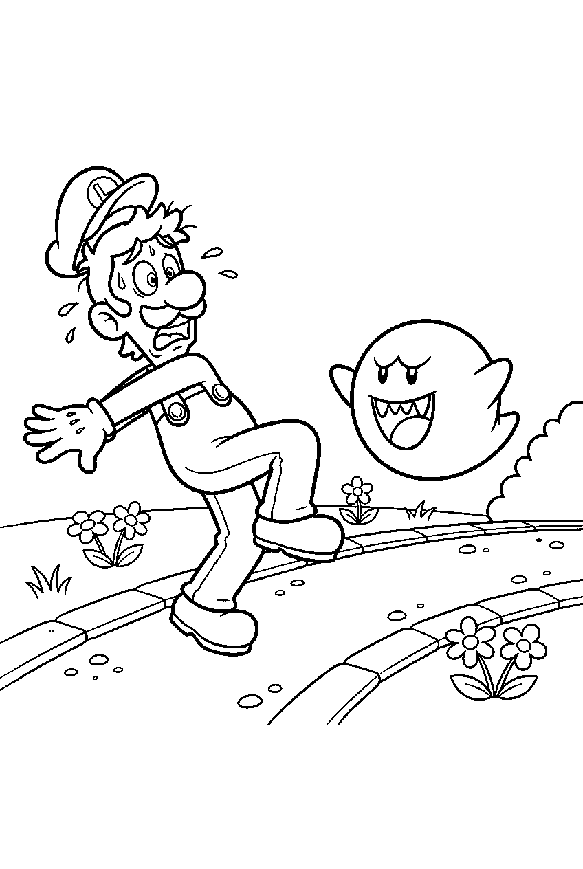scared luigi leaning back from a boo on a garden path line art