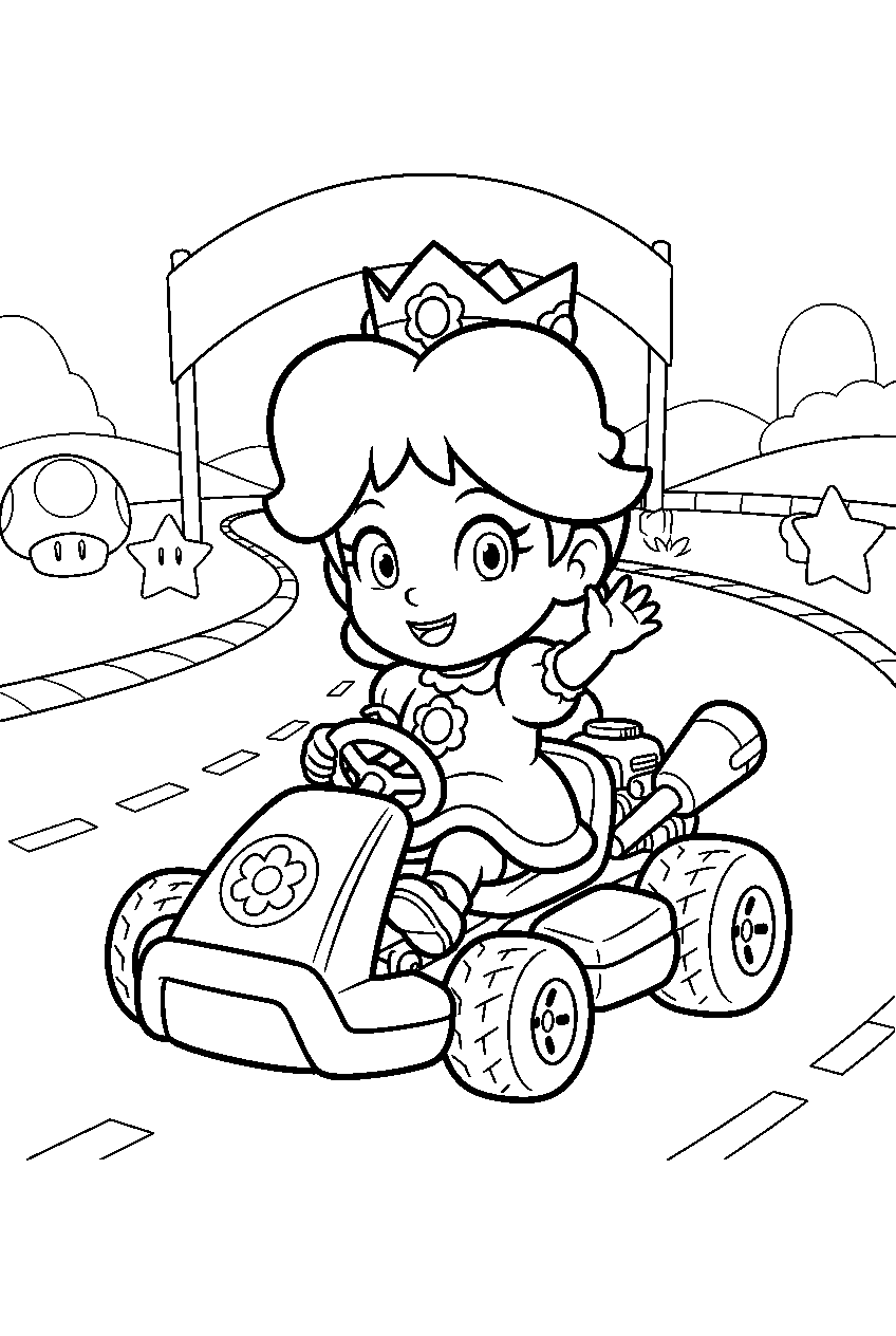 baby daisy driving a small kart on a mario kart track line art