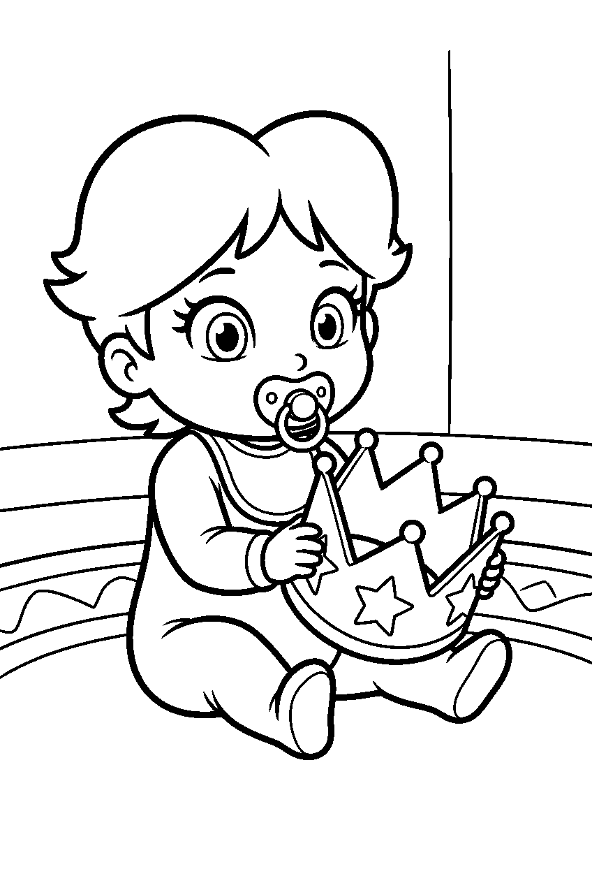 baby daisy playing with a toy crown on a nursery rug line art