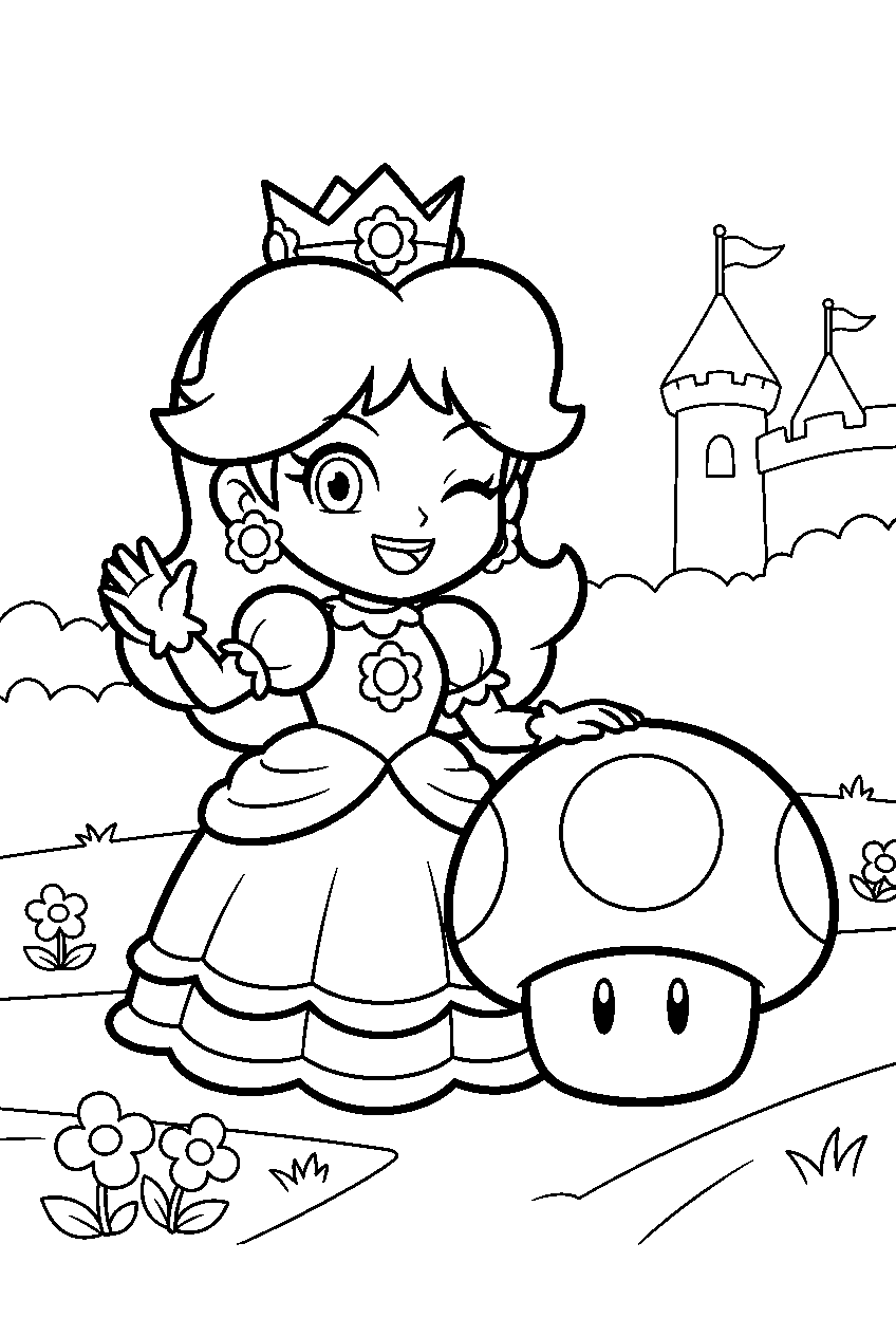 chibi princess daisy winking beside a super mushroom in a castle garden line art