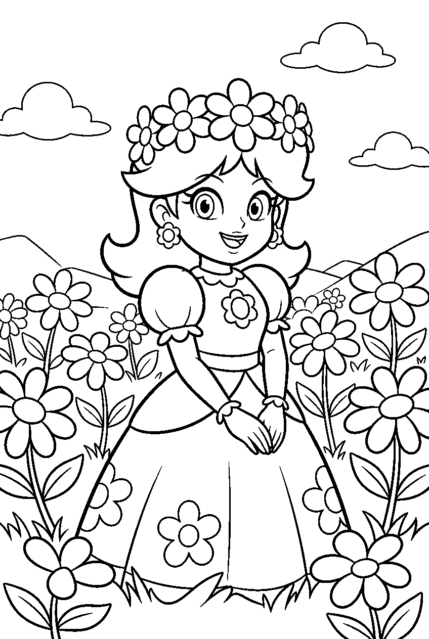 cute princess daisy smiling beside blooming daisies in a meadow line art