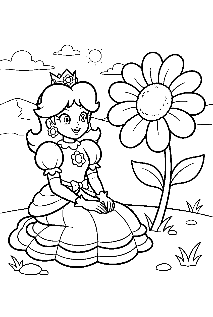easy princess daisy sitting beside a large daisy in sarasaland line art