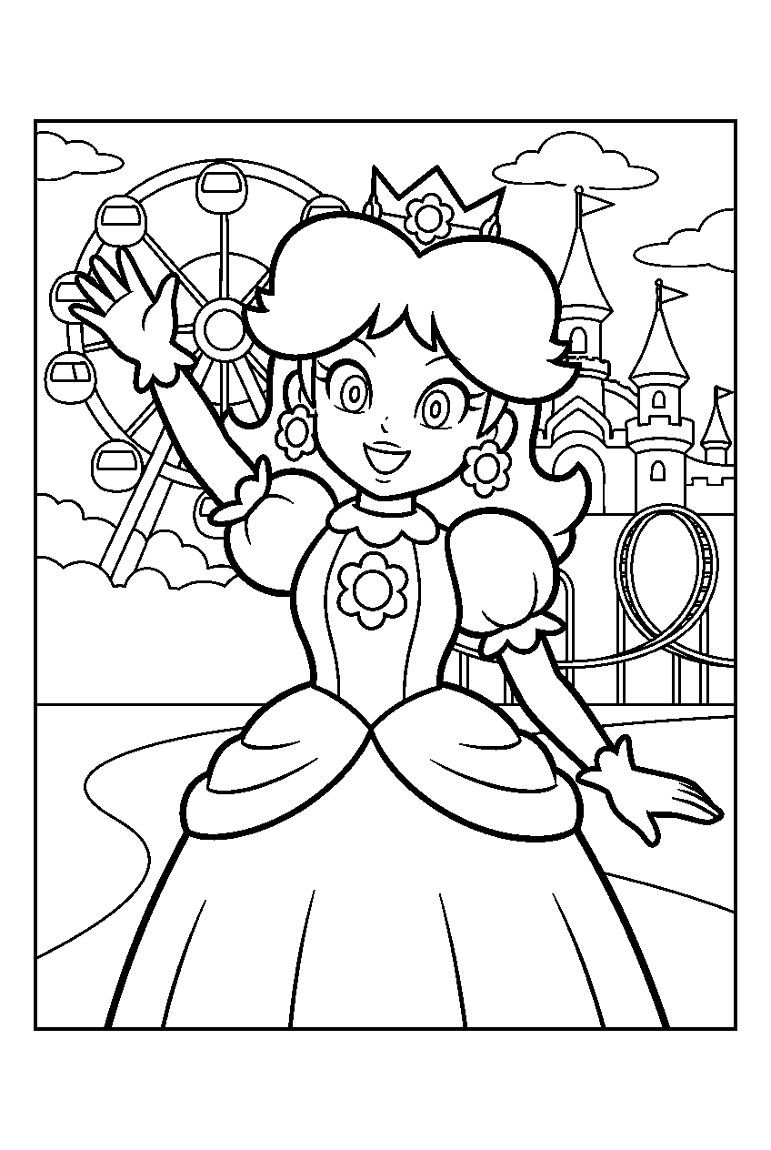 mario princess daisy in amusement park line art