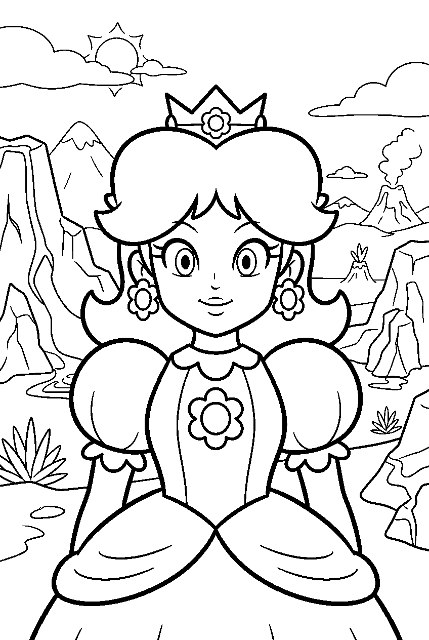 mario princess daisy in volcanic valley line art