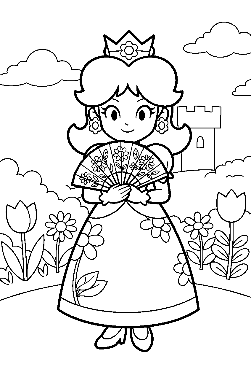 paper princess daisy holding a folding fan in a flower garden line art