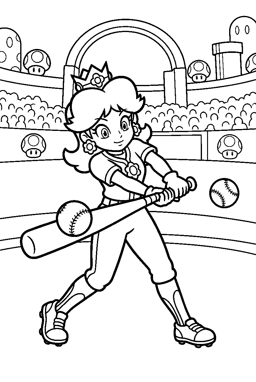 princess daisy batting a baseball in a mario sports stadium line art