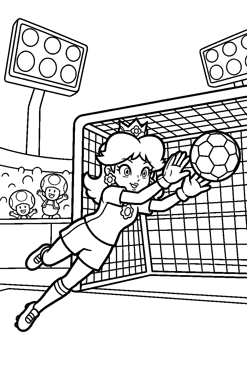 princess daisy blocking a soccer ball as goalkeeper in a mario strikers stadium line art