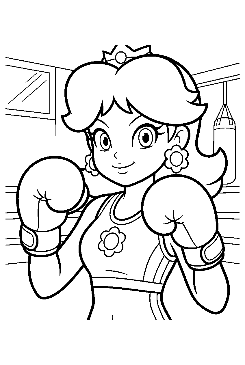 princess daisy boxing with gloves in a sports gym line art