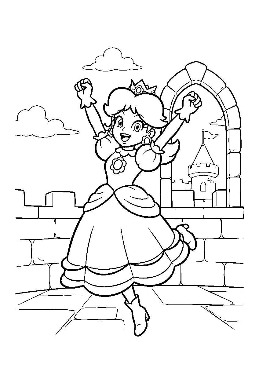 princess daisy cheering in a victory pose on a castle terrace line art