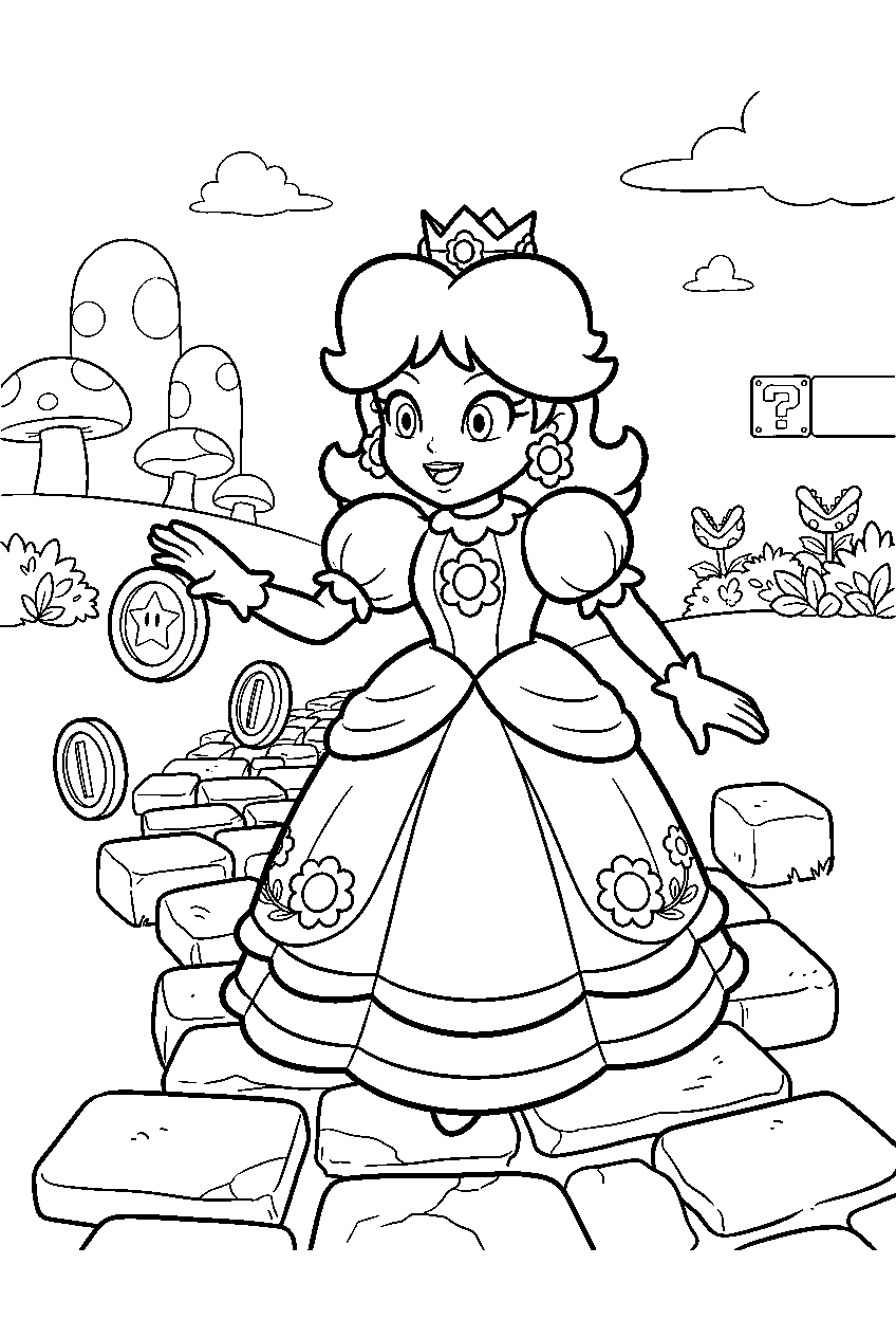 princess daisy collecting coins on a mushroom kingdom path line art