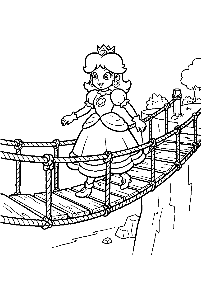 princess daisy crossing a rope bridge in a mario party minigame line art