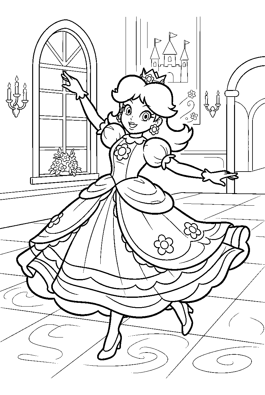 princess daisy dancing in her dress in a castle ballroom line art