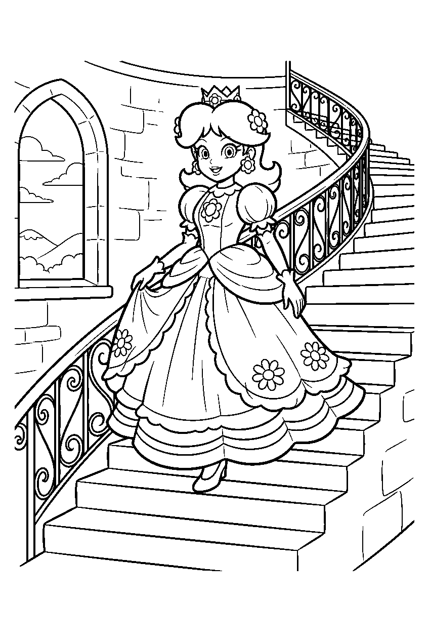 princess daisy descending a castle staircase in her gown line art