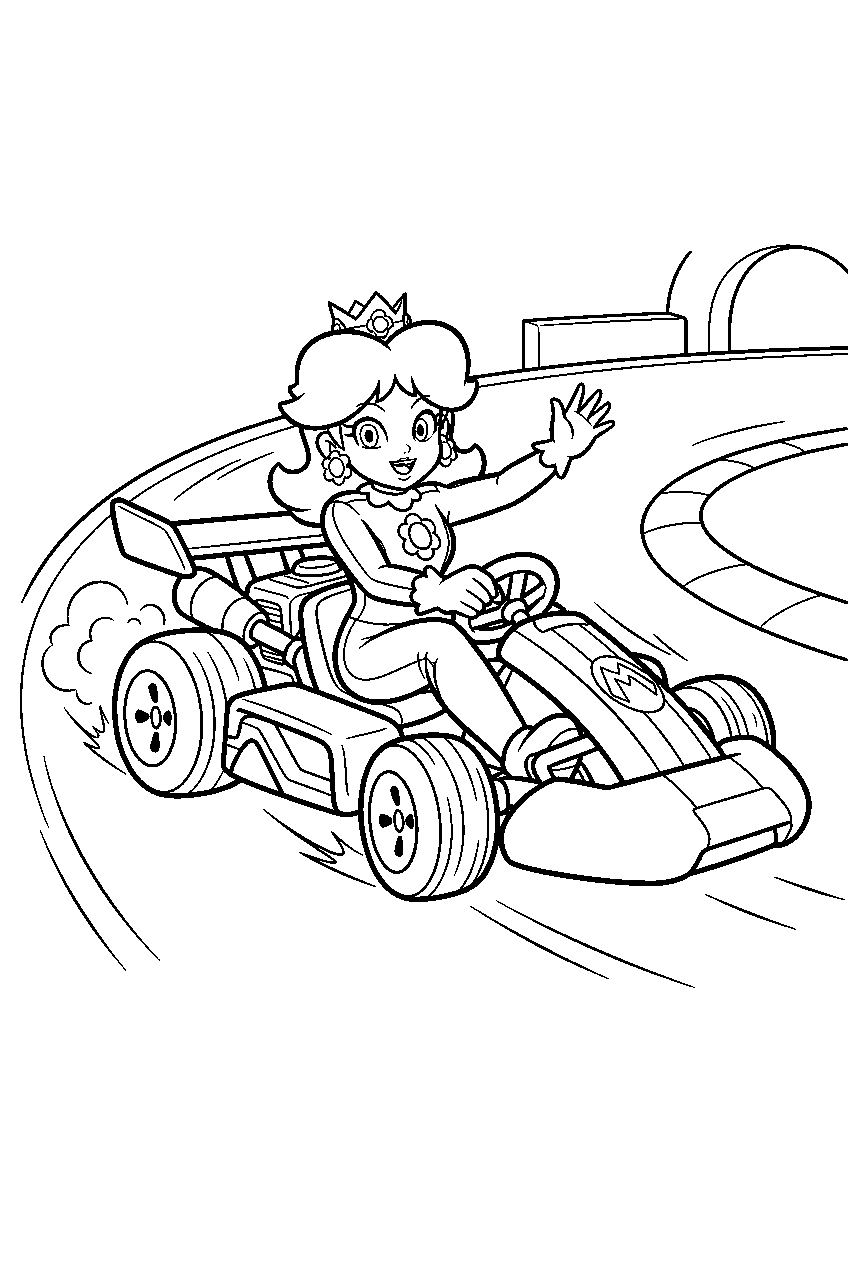princess daisy drifting a kart around a mario kart corner line art