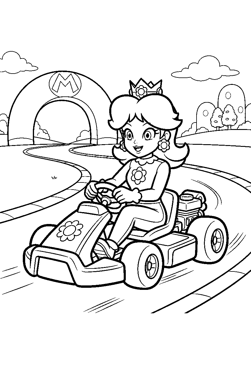 princess daisy driving a kart on a mario kart racetrack line art