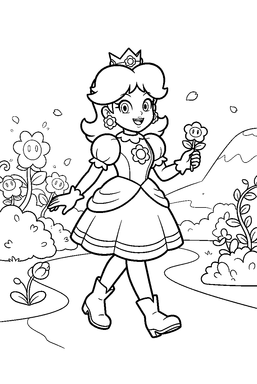 princess daisy exploring the flower kingdom in super mario bros wonder line art