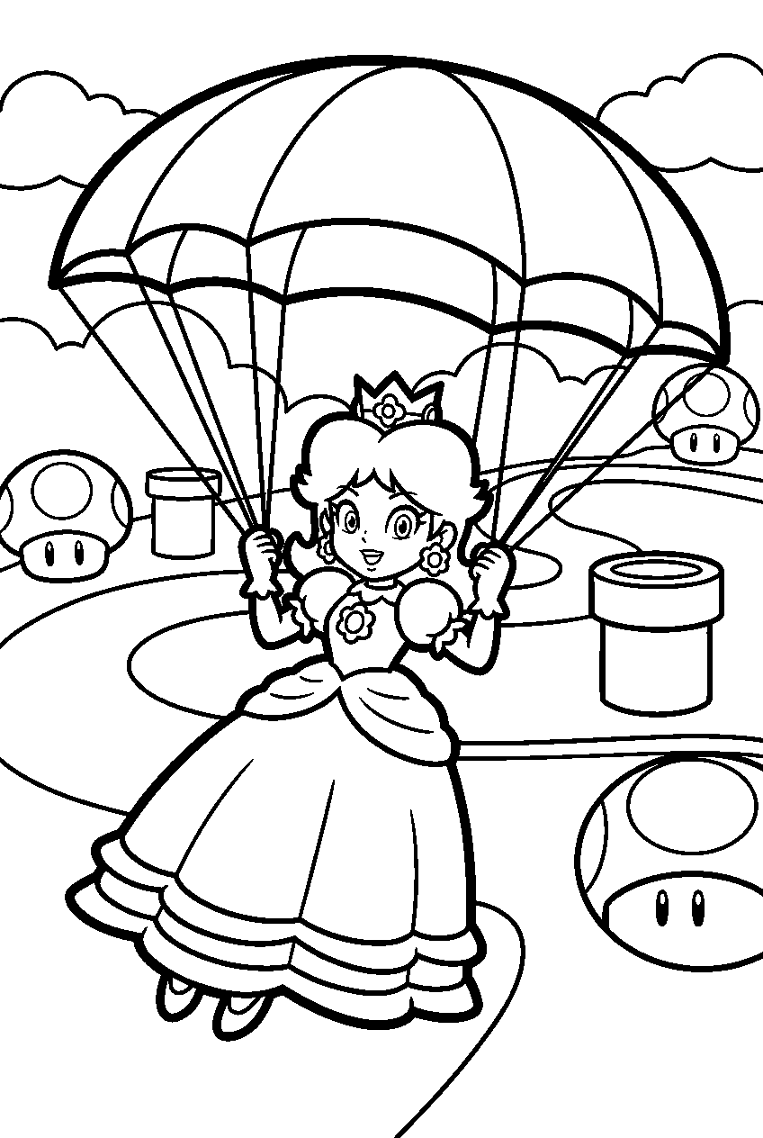 princess daisy gliding with a parachute above a mario kart track line art