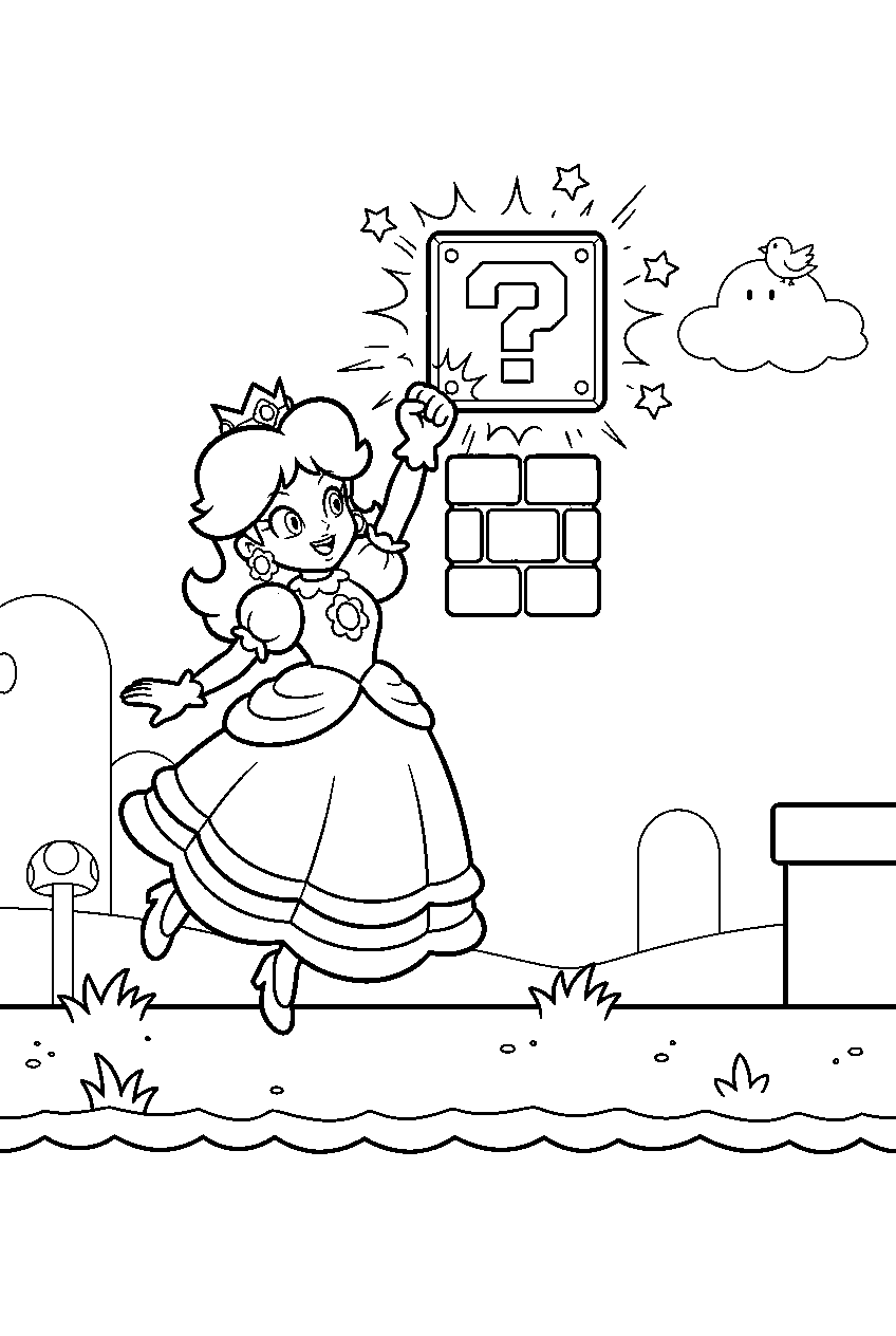 princess daisy hitting a question block on a grassy mario platform line art