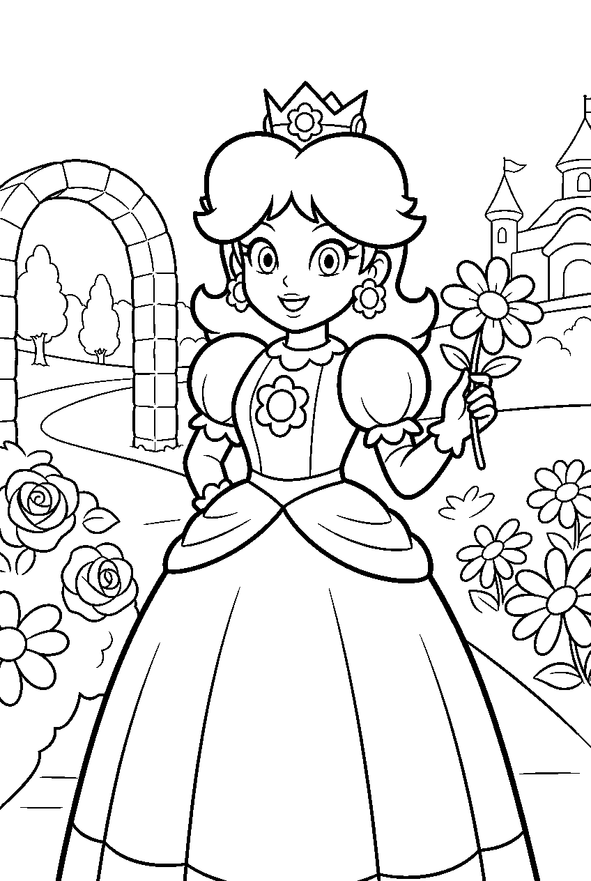 princess daisy holding a daisy flower in a palace garden line art