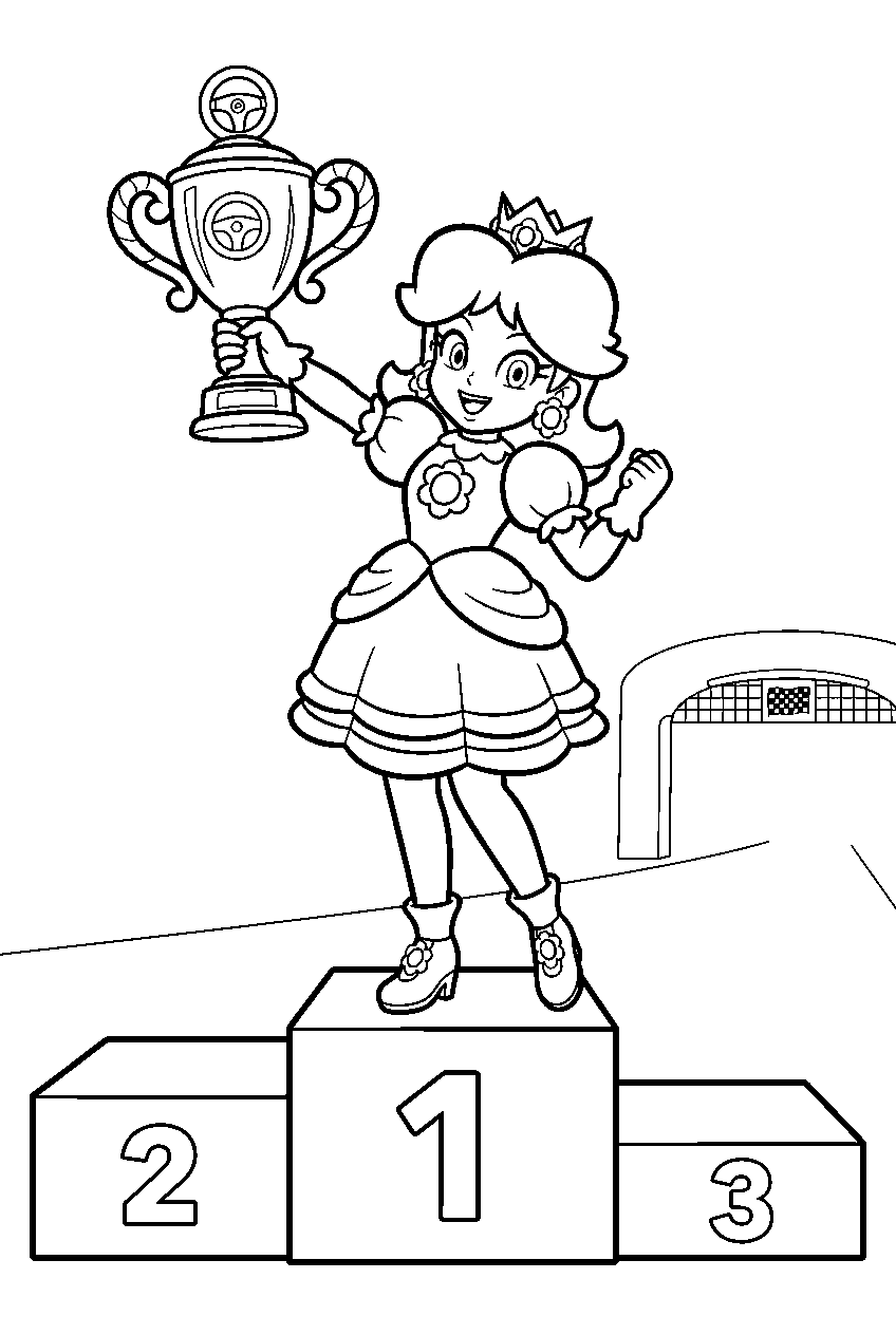 princess daisy holding a mario kart trophy on a winners podium line art