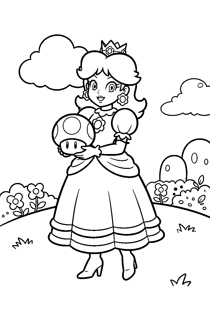 princess daisy holding a super mushroom on a mushroom kingdom hill line art