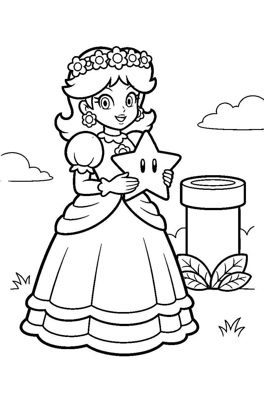 princess daisy holding a super star beside a warp pipe line art