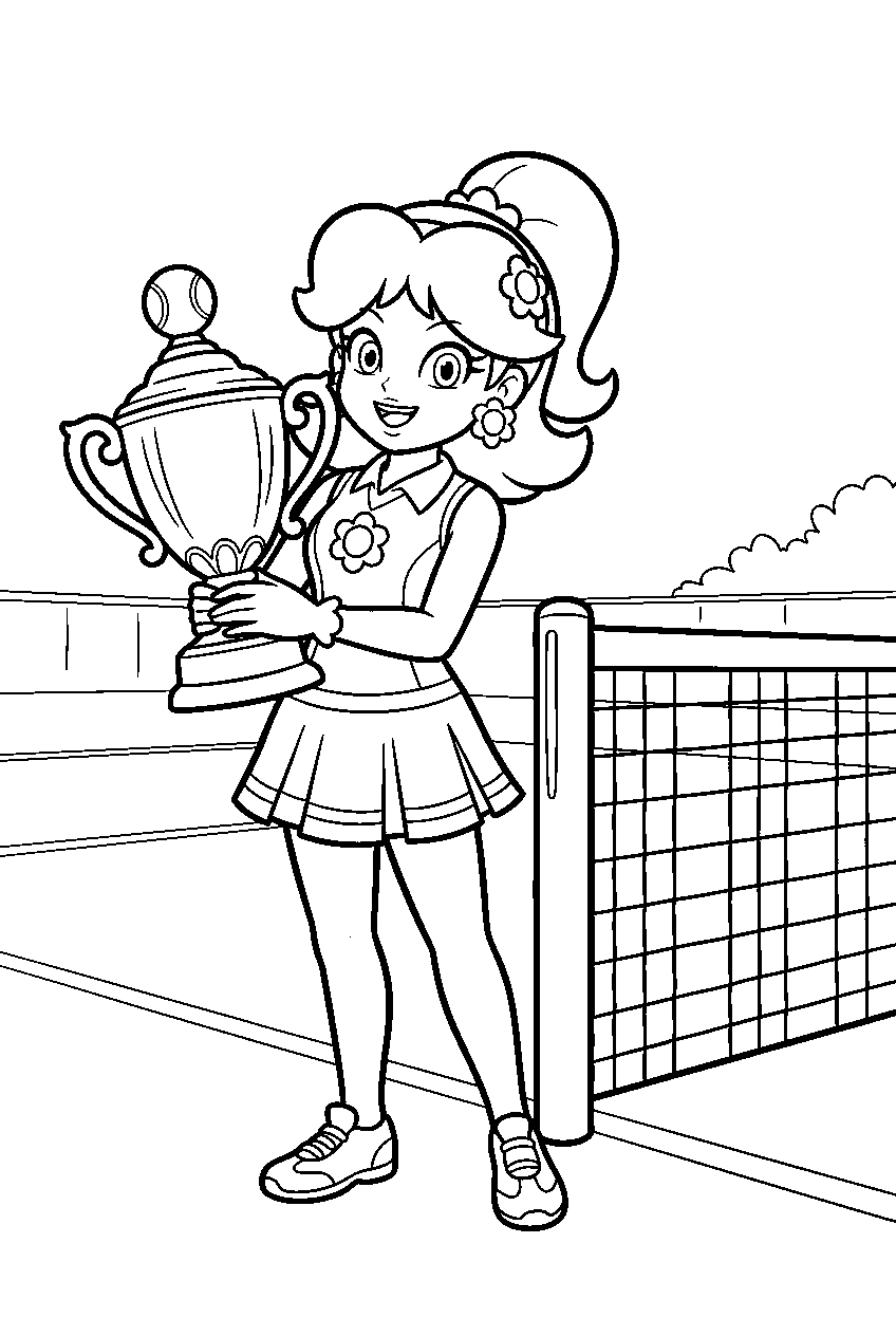 princess daisy holding a tennis trophy beside the net line art