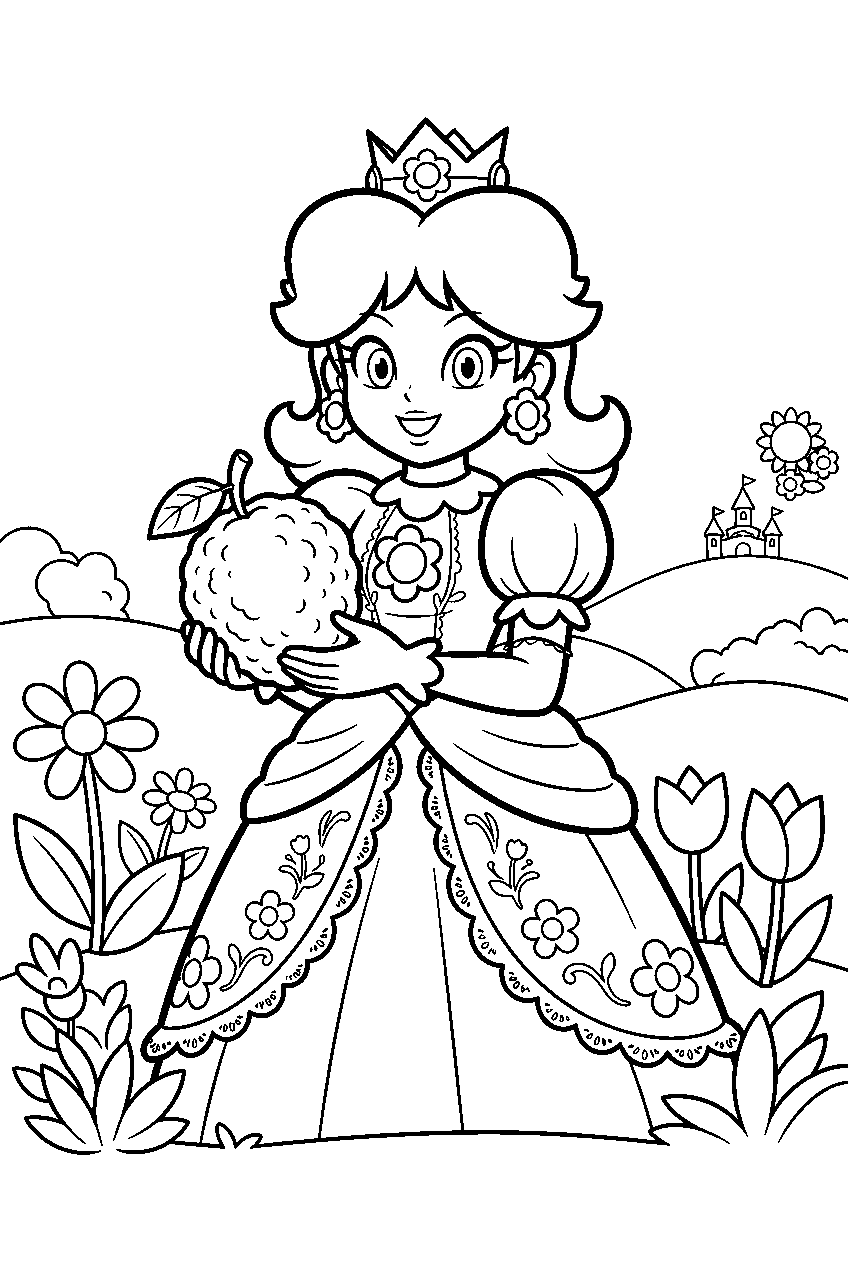 princess daisy holding an elephant fruit in the flower kingdom line art