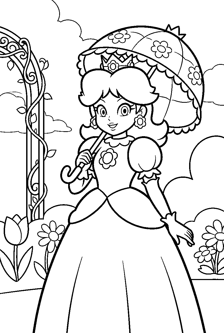 princess daisy holding an umbrella in a royal garden line art