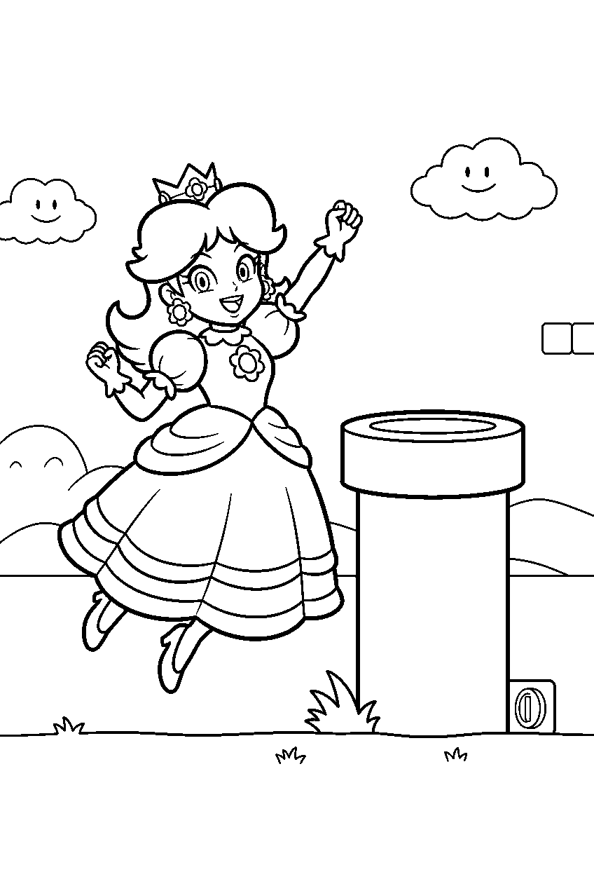 princess daisy jumping beside a warp pipe in the mushroom kingdom line art