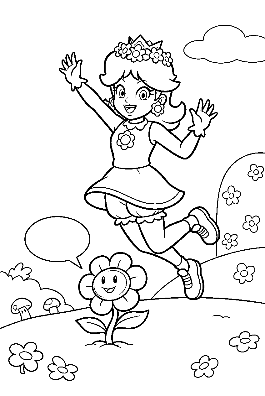 princess daisy jumping over a talking flower in the flower kingdom line art