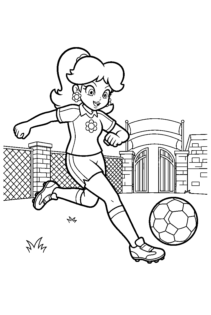 princess daisy kicking a soccer ball in a mario strikers stadium line art