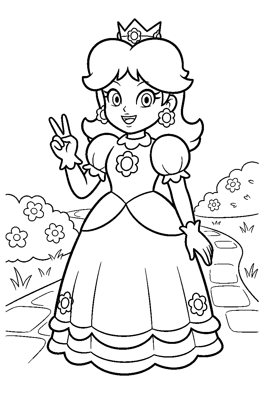 princess daisy making a peace sign on a garden path line art