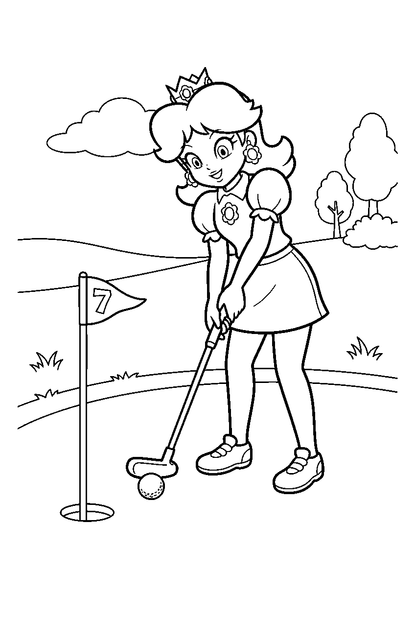princess daisy putting a golf ball on a mario golf green line art