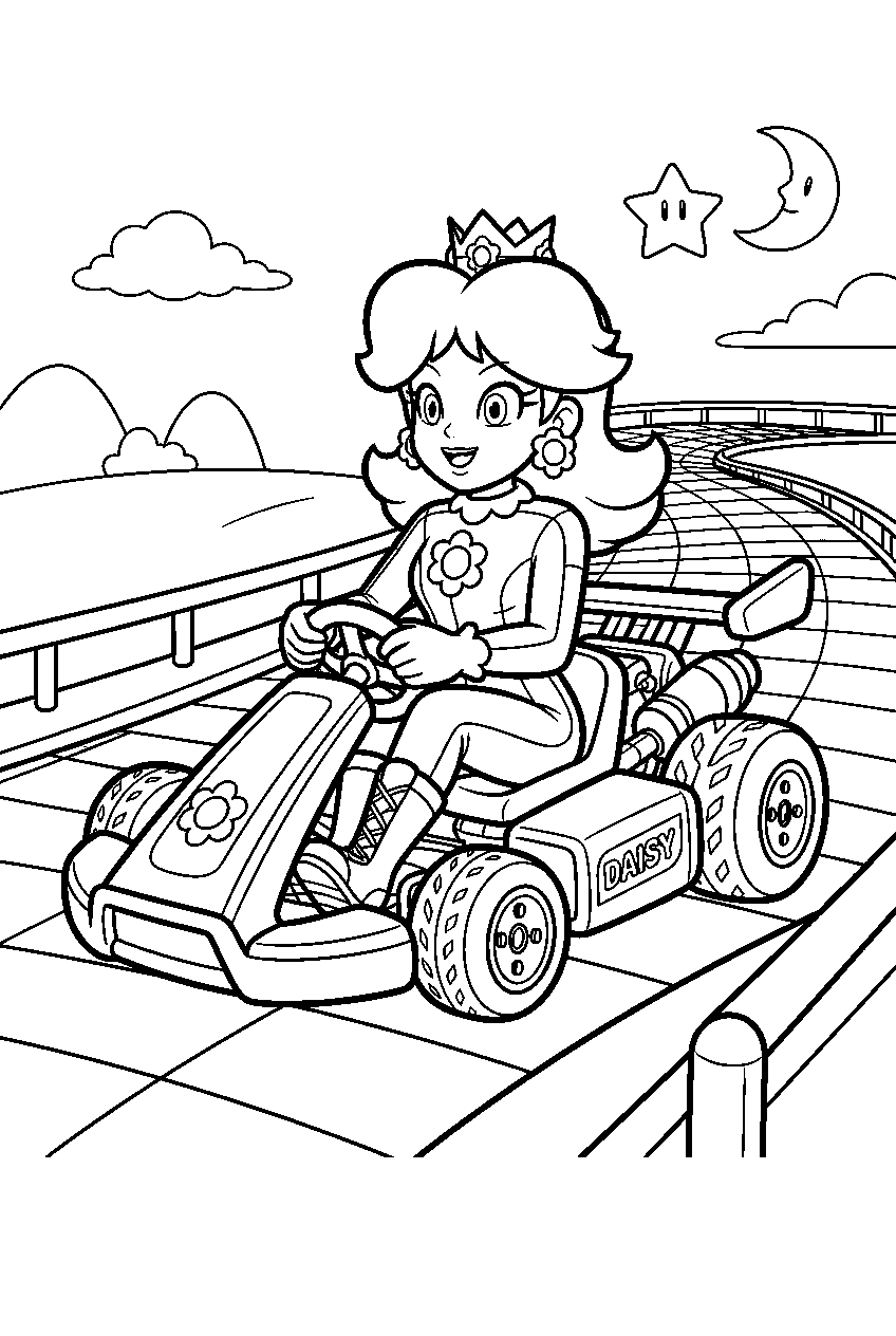 princess daisy racing on rainbow road in mario kart line art